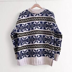 Vintage 100% Wool Scandi Nordic Sweater Cabincore Apres Ski Blue Cream Fair Isle